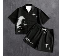 Ensemble casual homme d'été avec chemise à manches courtes imprimée de slogans et de figures, et short à cordon de serrage à la taille. Style années 2000 L,M,S,XL,XXLPortrait,Géométrique,LettresTissu 