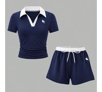 Ensemble casual pour adolescentes avec t-shirt à col polo à manches courtes avec imprimé chevalier et couleurs contrastées, et short 14Y,12Y,13Y,16Y,15YRayéPolyester