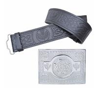 Ensemble ceinture de kilt en cuir et boucle, ceinture en relief de chardon écossais avec boucles de la trinité celtique antique en étain - Ceintures de kilt pour homme, Noeud celtique chardon - Chrome