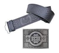 Ensemble ceinture de kilt en cuir et boucle, ceinture en relief de chardon écossais avec boucles de la trinité celtique antique en étain - Ceintures de kilt pour homme, Noeud celtique chardon - Argent