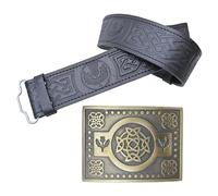 Ensemble ceinture de kilt en cuir et boucle, ceinture en relief de chardon écossais avec boucles de la trinité celtique antique en étain - Ceintures de kilt pour homme, Nœud celtique en laiton antique