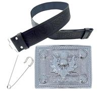 Ensemble ceinture de kilt et boucle - Ceinture de kilt élégante pour homme en cuir gaufré - Boucle en étain fabriquée à la main - Finition argent antique - Épingle à kilt de 7,6 cm, Fini chromé, 3XL