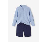 Ensemble céremonie chemise col Mao et short garçon rayé bleu 8A