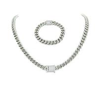 Ensemble chaîne et bracelet cubaine de 8 mm en argent 925 avec fermoir diamant 1 carat Or blanc 14 carats sur acier inoxydable
