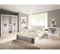 Ensemble chambre à coucher Cadre de lit Armoire Table de nuit Commode Helios III avec matelas Fancy (blanc/cathult+gris)