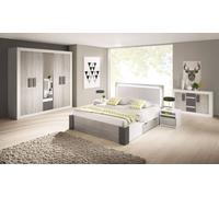 Ensemble chambre à coucher Cadre de lit Armoire Table de nuit Commode Helios III (Blanc/Cathult+Gris)
