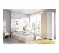 Ensemble chambre à coucher complète ( lit adulte 190x90 cm avec 1 tiroir + table de chevet + armoire + commode ) coloris blanc, chêne naturel Blanc G