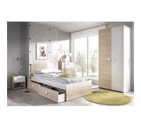 Ensemble chambre à coucher complète ( lit adulte 190x90 cm avec 2 tiroirs + table de chevet + armoire + commode ) coloris blanc, chêne naturel Blanc G