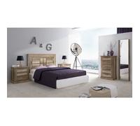 Ensemble chambre à coucher, tête de lit + 2 tables chevets + chiffonnier + miroir mural coloris chêne vieilli