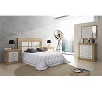 Ensemble chambre à coucher, tete de lit + 2 tables chevets + commode + miroir mural coloris chene cambrian, blanc --