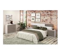 Ensemble chambre à coucher, tête de lit + 2 tables chevets + Commode + miroir mural, coloris pin andersen, pin gris