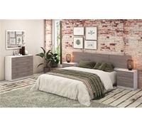 Ensemble chambre à coucher, tête de lit + 2 tables chevets + Commode + miroir mural coloris pin andersen, pin gris