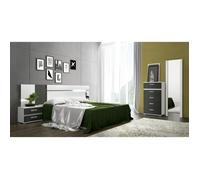 Ensemble chambre à coucher, tête de lit avec LED + 2 tables chevets + chiffonier + miroir mural long coloris blanc-graphite