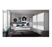 Ensemble chambre adulte Lit futon avec eclairage en Blanc, rechampis teinte beton gris clair - 160 x 200 cm