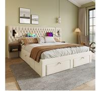 Ensemble chambre avec lit double 160 x 200 cm 2 chevets 4 tiroirs liseuses USB Type-C velours beige
