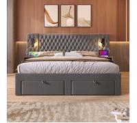 Ensemble Chambre avec Lit Double 160x200cm Tête de Lit LED Velours Gris Inclus 2 Tables de Chevet et Commode - Sans Matelas