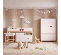 Ensemble Chambre Enfant GINGER HOME CHERRY, Lit 90x200 cm, Bureau, Commode et Armoire 3 Portes, Blanc/Rose/Bois
