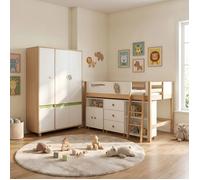 Ensemble Chambre Enfant GINGER HOME DINO, Lit Combiné 90x200 cm, Armoire, Commode et Rangements, Blanc/Vert/Bois