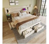 Ensemble Chambre Lit Double 160x200cm Velours Beige - 2 Tables De Chevet, 4 Tiroirs, Tête De Lit LED/USB - Sans Matelas