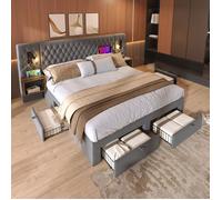 Ensemble Chambre Lit Double 160x200cm Velours Gris - 2 Tables De Chevet, 4 Tiroirs, Tête De Lit LED/USB - Sans Matelas