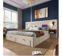 Ensemble Chambre Lit Double 180x200 Velours Beige, 2 Tables De Chevet 4 Tiroirs, Lampe Lecture USB - Sans Matelas