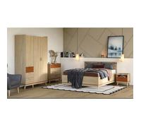 Ensemble chambre NOKI - Lit 180x200 + armoire 3 portes + commode + 2 chevets - Chêne clair et moka style scandinave