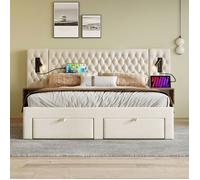 Ensemble chambre velours beige, lit double 180x200cm avec 2 tables de chevet, tête de lit lumineuse et charge USB - Sans Matelas