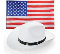 Ensemble chapeau de cowboy clouté étoile blanche et drapeau américain - Accessoires de déguisement américain pour thème occidental, pays, 4 juillet, rodéo et fête