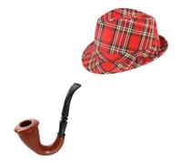 Ensemble chapeau et pipe à motif tartan écossais - Fedora à carreaux rouges et pipe accessoire de costume pour Burns Night, enterrement de vie de garçon et fêtes - Déguisement du patrimoine écossais