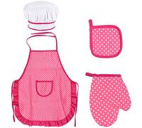 Ensemble chef pour enfants, réglable tablier cuisine pour tout petit avec Chapeau Chef, Gant de Cuisine pour Enfants, Tapis Résistant à La Chaleur Garçons Filles de 3 à 8 Ans (Rose Rouge)