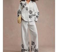 Ensemble chemise à manches courtes avec passepoil contrastant et pantalon large, coupe ample, idéal pour les vacances, les voyages ou les promenades en ville décontractées, en tissu 100% polyester non
