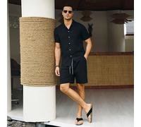 Ensemble chemise à manches courtes et short en tissu texturé décontracté pour homme, convenant pour le port quotidien, les voyages, la plage et les vacances. Cet ensemble est un article polyvalent ind