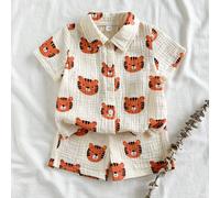 Ensemble chemise à manches courtes et short pour bébé garçon, imprimé tigre blanc et orange mignon sur tout le vêtement. Coupe ample et confortable, convient pour les sorties quotidiennes, les voyages