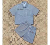 Ensemble chemise à manches courtes et short rayés pour hommes, chemise avec poche poitrine gauche, short rayé assorti avec taille élastique et poches latérales, coupe oversize ample, style décontracté