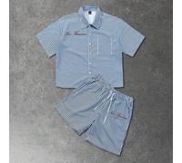 Ensemble chemise à manches courtes et short rayés pour hommes, chemise avec poche poitrine gauche, short rayé assorti avec taille élastique et poches latérales, coupe oversize ample, style décontracté