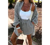 Ensemble chemise à manches courtes et short ultra ample rayé pour femmes, tenue de plage décontractée, style d'été, tissu texturé, tenue d'été élégante L,M,S,XLRayéPolyester,Tissu tissé
