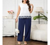 Ensemble chemise à manches courtes kaki et pantalon à jambes larges avec taille élastique pour femmes, tenue élégante pour tous les jours pour grandes tailles 0XL,1XL,2XL,3XL,4XLBlocs de couleur,Flora