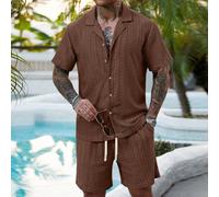 Ensemble chemise à manches courtes texturée ajourée et short pour hommes grande taille. Tenue de vacances pour hommes. Vêtements d'été et de villégiature pour hommes 2XL,3XL,4XL,5XL,6XLUnicoloreTissu
