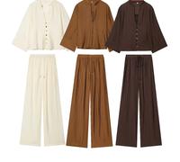 Ensemble chemise ample et simple à manches longues et col en v pour femme, avec taille élastique et pantalon à jambes larges, nouvelle collection automne shirt