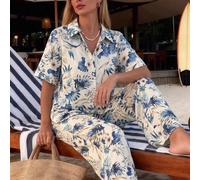 Ensemble chemise boutonnée décontractée et pantalon droit assorti avec imprimé de plantes tropicales bleu et blanc, tenue de croisière et d'île L,M,S,XLPlantesTissu tissé
