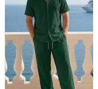 Ensemble chemise décontractée d'été et pantalon long pour hommes JINYA, style vacances méditerranéennes, look minimaliste mature et jeune, tenue texturée polyvalente pour la maison, le bureau, l'extér