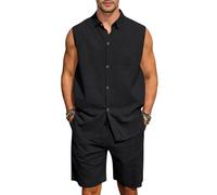 Ensemble chemise et short d'été en lin sans manches pour homme - Col boutonné - Tenue décontractée deux pièces