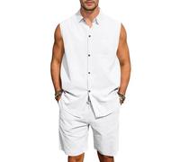 Ensemble chemise et short d'été en lin sans manches pour homme - Col boutonné - Tenue décontractée deux pièces
