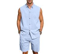 Ensemble chemise et short d'été en lin sans manches pour homme - Col boutonné - Tenue décontractée deux pièces