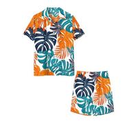 Ensemble Chemise Hawaïenne Homme Été, 2 Pièces Chemise Manches Courtes et Short Imprimé Feuilles de Palmier Colorée Respirant Casual, Ensemble Homme Style Plage Tropical, pour Vacances et Décontracté