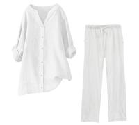 Ensemble Chemise Pantalon Femme Grande Taille- Ensembles De Pyjama Manches Longues Col V Blouse Coupe Ample Et Taille Élastique Droit Pant Décontracté Confortable De Tous Les Jours Tailleurs 2025