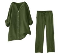 Ensemble Chemise Pantalon Femme Grande Taille- Ensembles De Pyjama Manches Longues Col V Blouse Coupe Ample Et Taille Élastique Droit Pant Décontracté Confortable De Tous Les Jours Tailleurs 2025