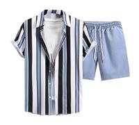 Ensemble Chemise Short Homme Grande Taille Eté Tee Shirt Manches Courtes Imprimé à Rayures avec Boutons Short Baggy Taille élastiquée avec Cordon Casual LéGer Respirant de Plage Vacances Tenues