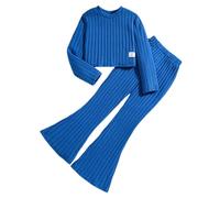 Ensemble Chic et Élégant Fille 7-12 Ans - Pull Ado Courte Léger Doux Automne Hiver - Haut Top Manche Longue Uni Printemps - Pantalons Évasé - Tenue Enfant à la Mode (Blue, 8-9 Ans)