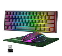 Ensemble Clavier et Souris de Jeu sans Fil 60% 2,4 GHz Rechargeable 3800mAh 61 Touches Clavier Compact avec rétroéclairage LED Arc-en-Ciel +2400DPI 6 Boutons Souris silencieuse LED Arc-en-Ciel(Noir)